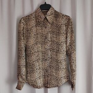 Andres Silk Leapard Print Long Sleeve Button Front Shirt Small Petite